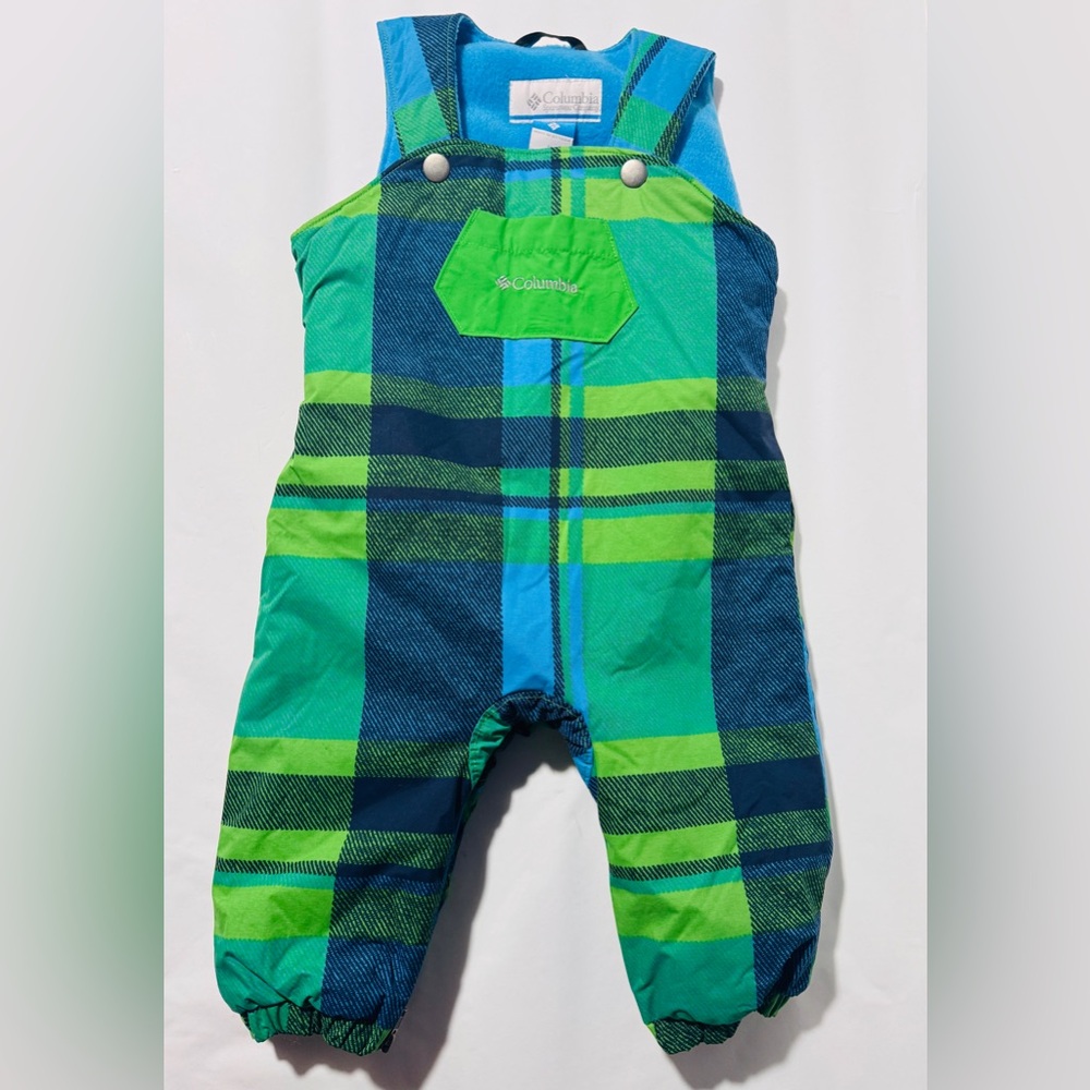 Columbia Omni-Shield Toddler Bib Overalls with a Blue/Green Plaid Pattern